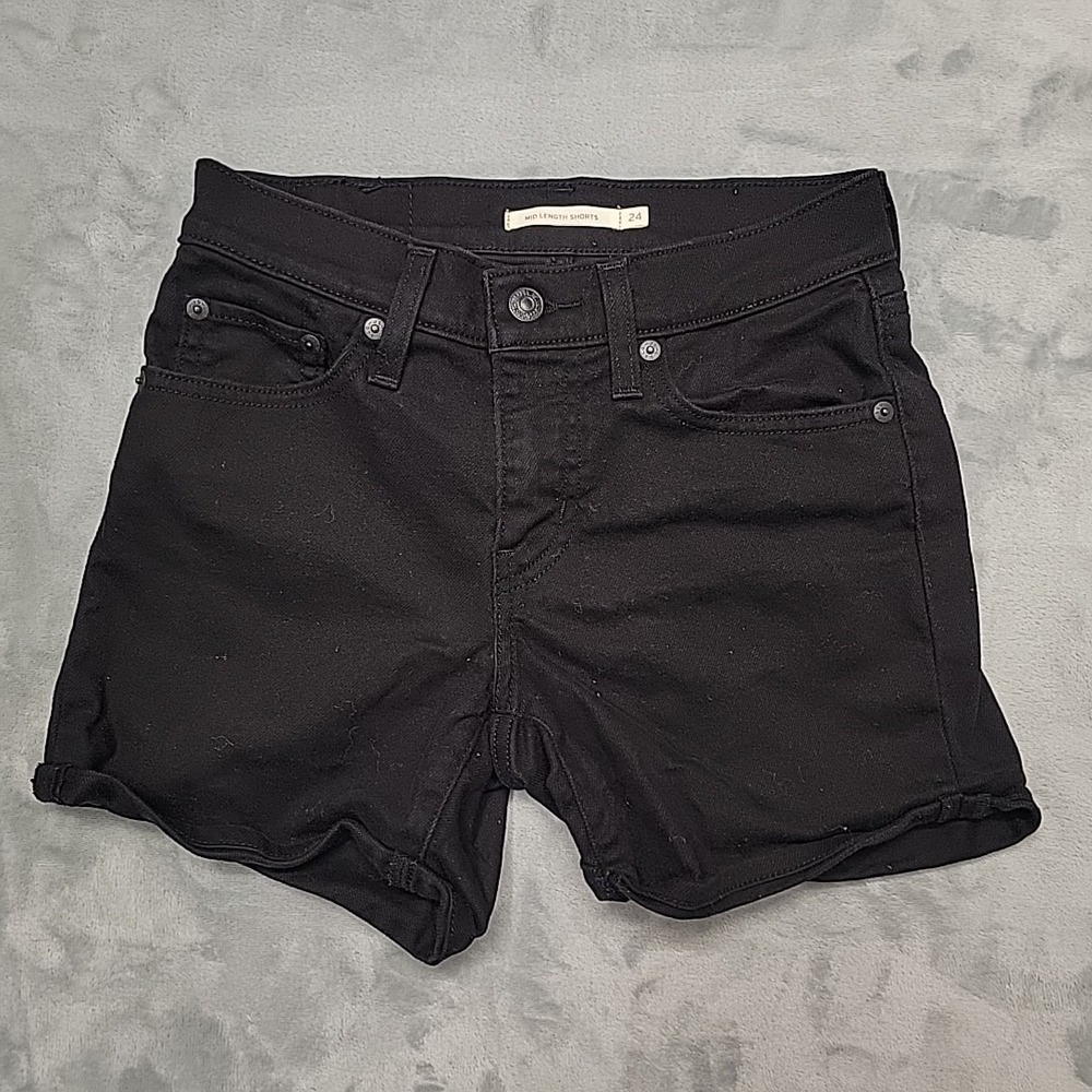 Levis Shorts Womens 24 Black Mid Length Mid Rise Stretch Denim Cuffed Hem